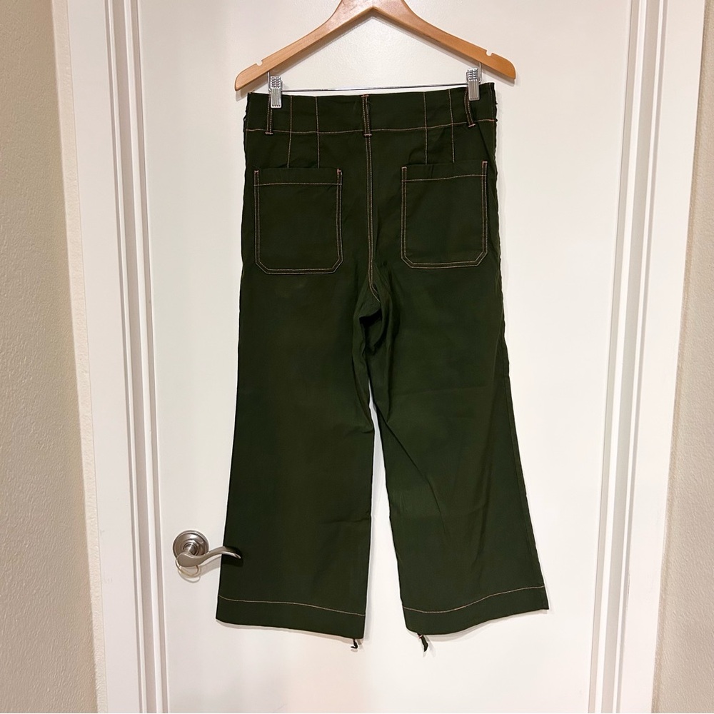 Anthropologie Maeve Colette Green Cropped Wide Leg Pants Contrast Stitch Size 30 - Picture 2 of 12
